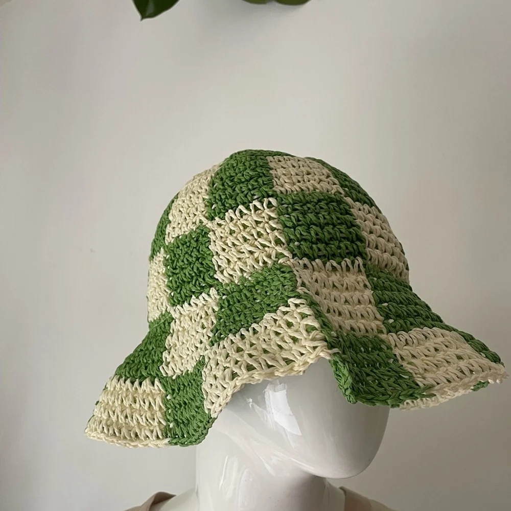anthropologie wyeth Green and White Checkered bucket Hat